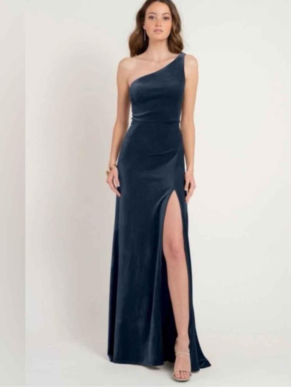 BHLDN Jenny Yoo Cybill One-Shoulder Side-Slit Velvet Formal Gown French Blue Sz2